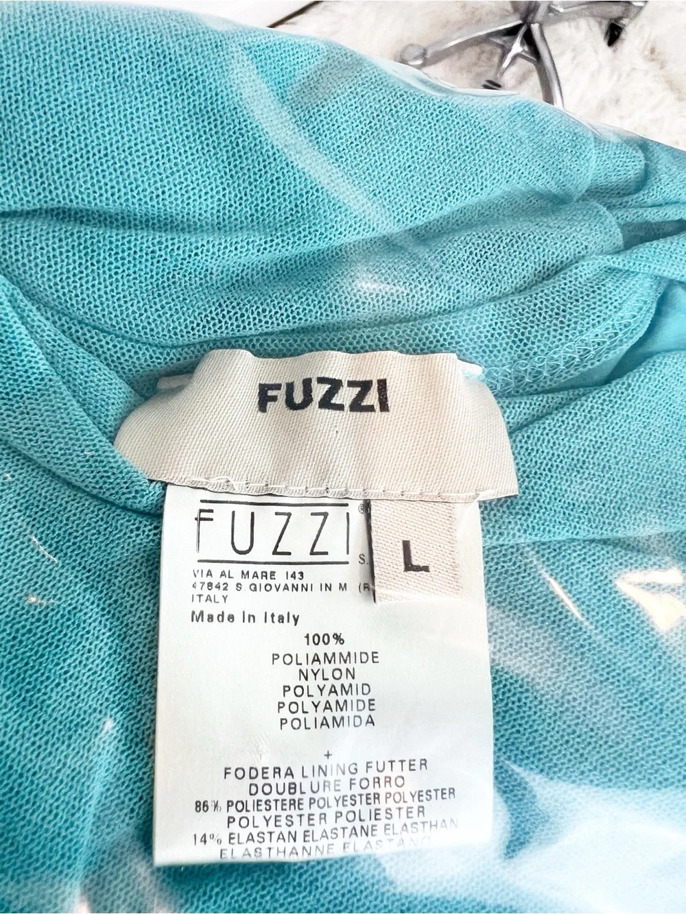 FUZZI MADE IN ITALY AQUA TURQUOISE BLUE MESH RUCHED SIDE DRESS WOMENS LARGE - Picture 3 of 3